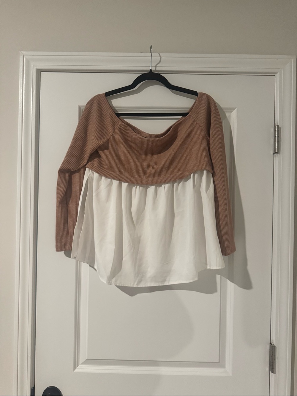 SHEIN Two-Layer Off-Shoulder Tunic in Taupe and White